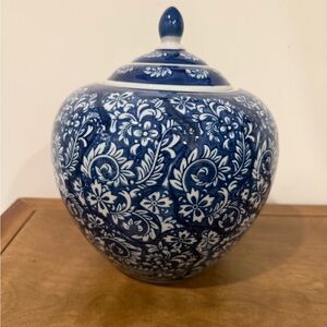 Curved Persian Blue Floral Print Porcelain Lidded Jar (10” Tall)